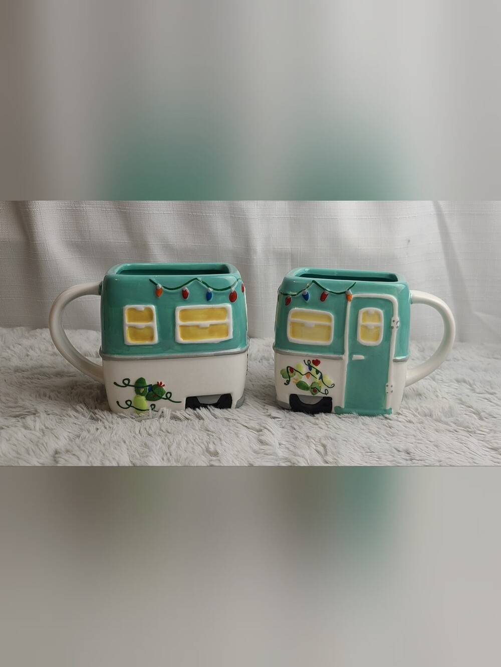Set Of Tag Ceramic Christmas Holiday Rectangle Happy Camper Mugs 12oz Teal
